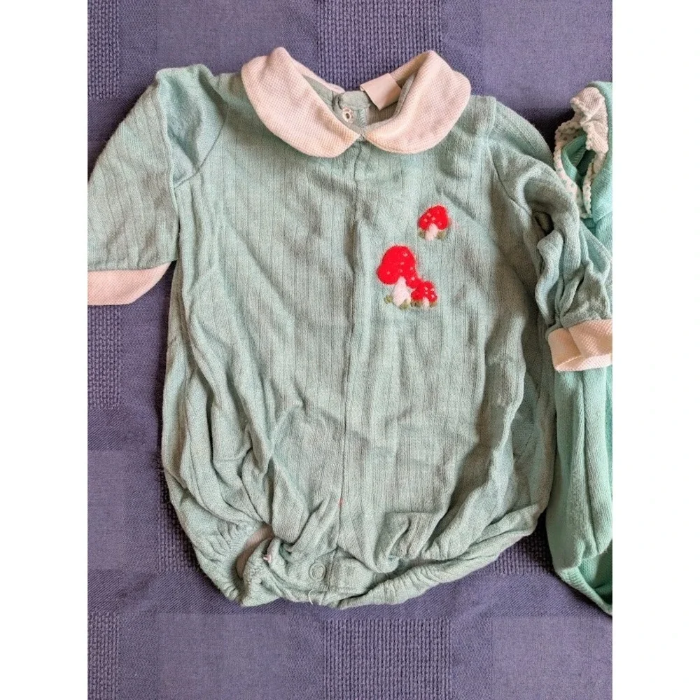 2 Baby Rompers Vintage Carters 6 Months Mushroom Toadstool Bug Flower 70s 80s